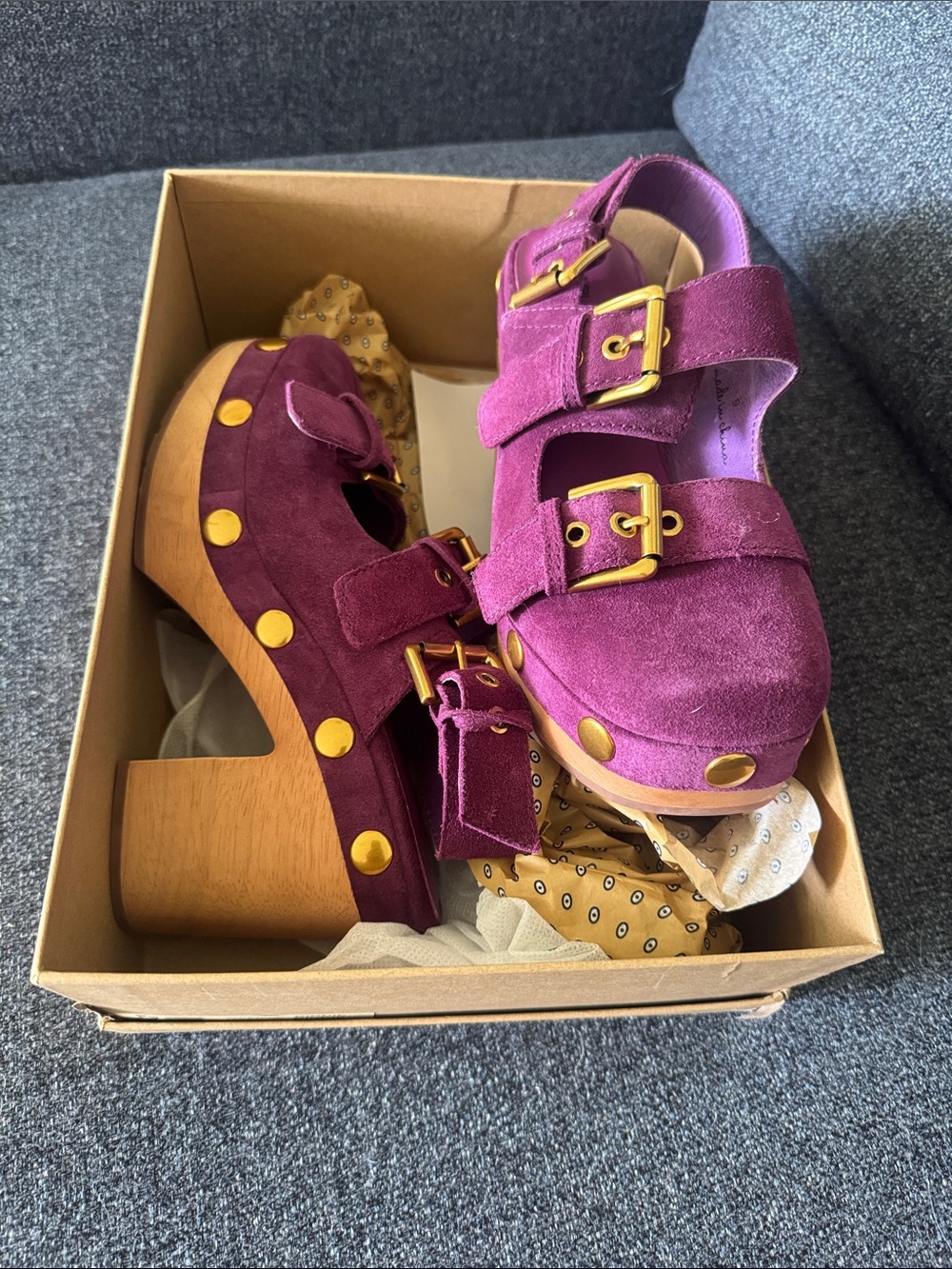 Charlotte Stone Purple Suede Platform Clog Sandals with Gold Studs - Picture 5 of 5